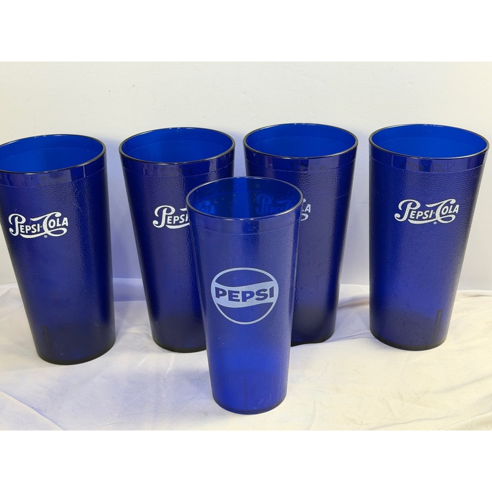 Vintage Pepsi Cobalt Blue Plastic Tumblers Textured Logo Cups Set of 5